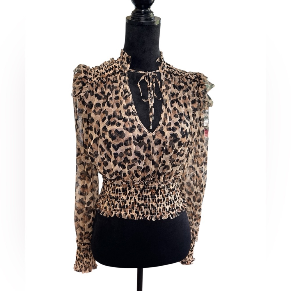 Free People Leopard Mesh Smocked Top | Size XS | Sheer Puff Sleeve Blouse - Picture 2 of 9